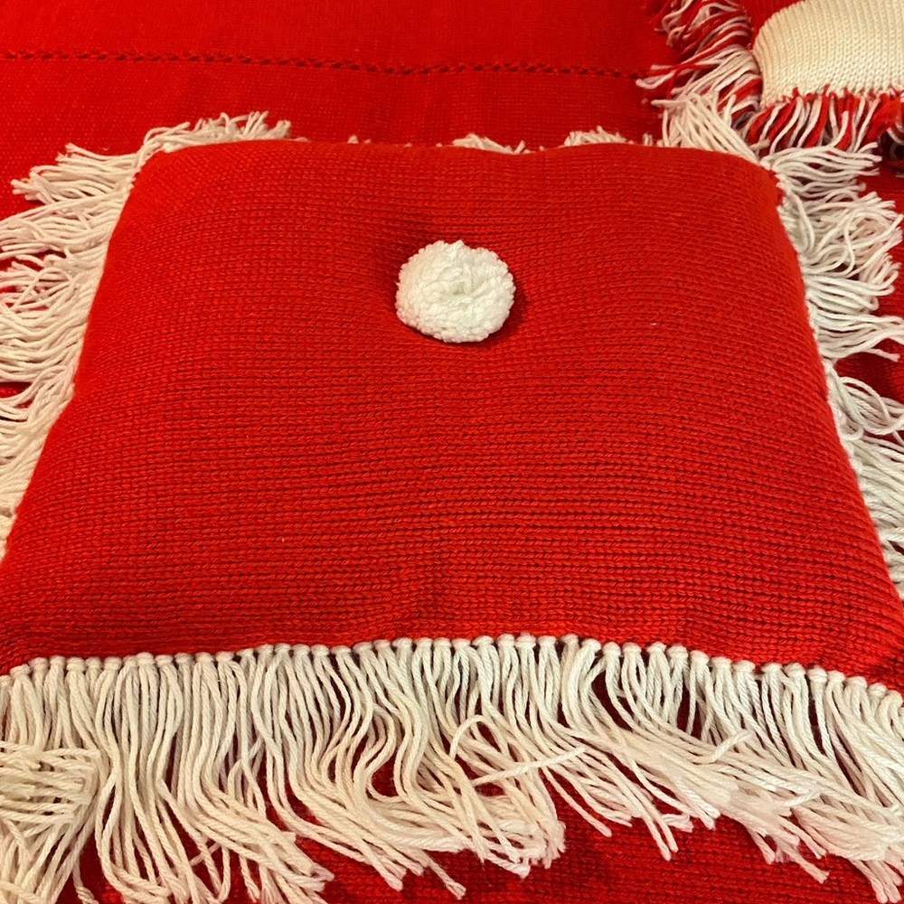 Red and White Striped Knit Blanket with Fringe
